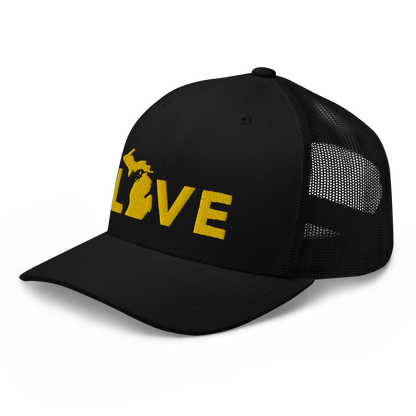 Michigan 'Love' Trucker Hat (Geometric Sans Font) | Gold Embroidery