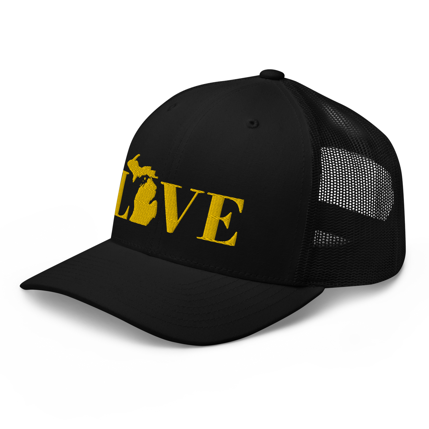 Michigan 'Love' Trucker Hat (Didone Font) | Gold Embroidery