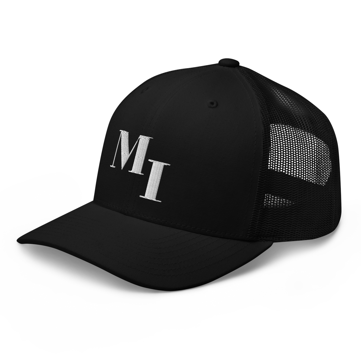 Michigan 'MI' Trucker Hat (Didone Logotype) | White/Navy Embroidery