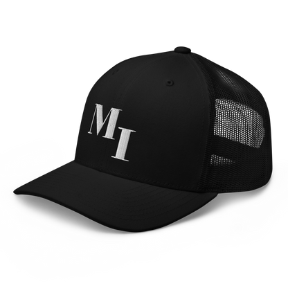 Michigan 'MI' Trucker Hat (Didone Logotype) | White/Navy Embroidery