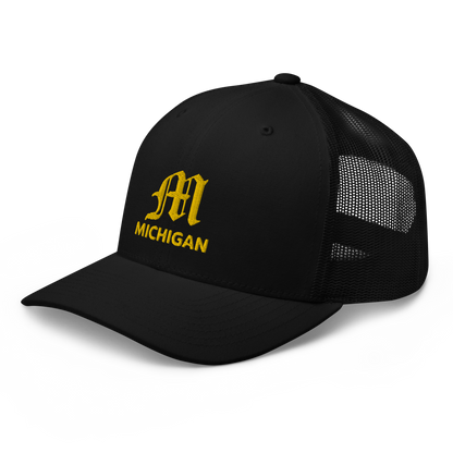 'Michigan' Trucker Hat (w/ 'Old English M') | Gold Embroidery