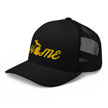 Michigan 'Home' Trucker Hat (Script Font) | Gold Embroidery