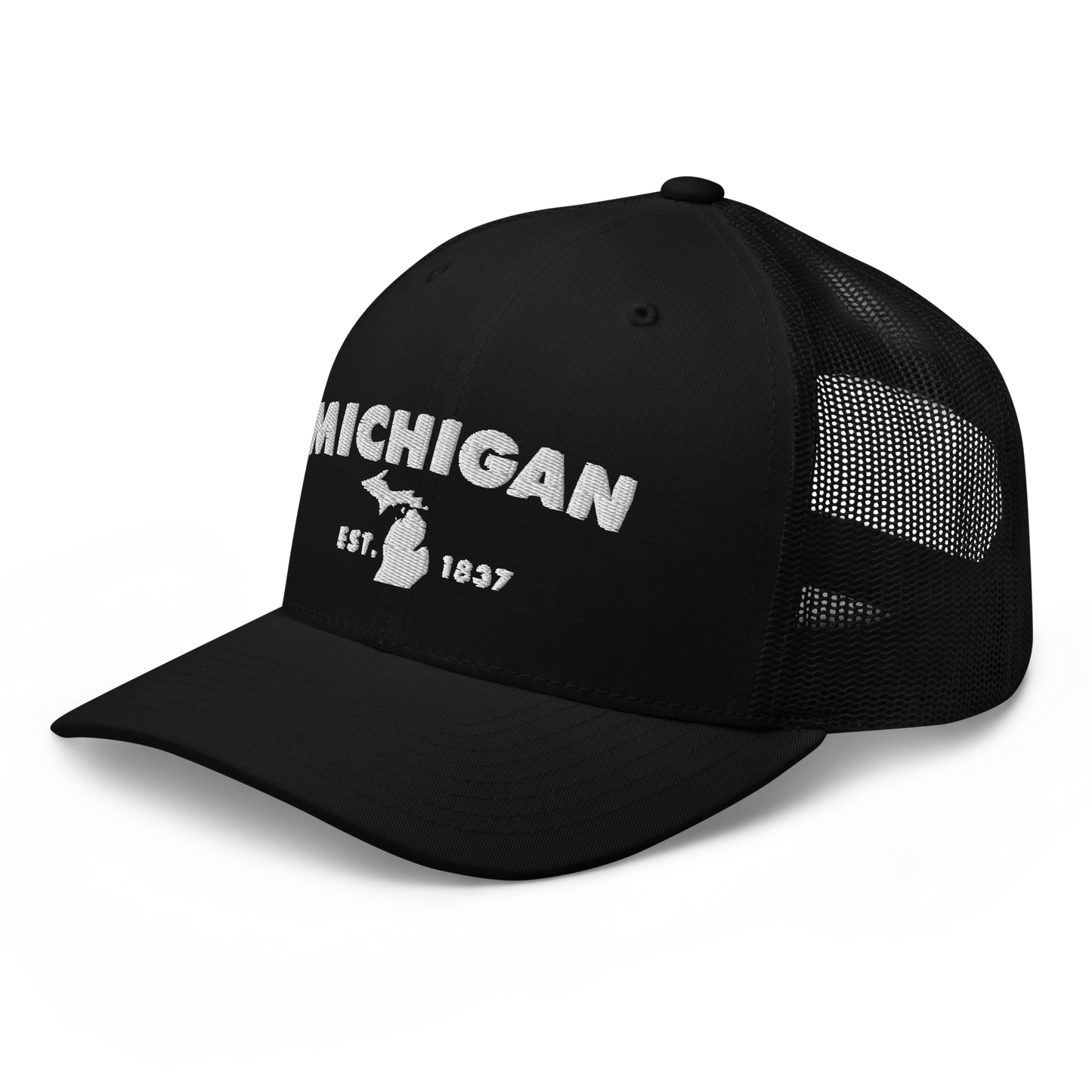 'Michigan EST 1837' Trucker Hat (Geometric Sans Font)