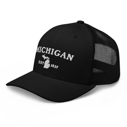 'Michigan EST 1837' Trucker Hat (Woodcut Font)