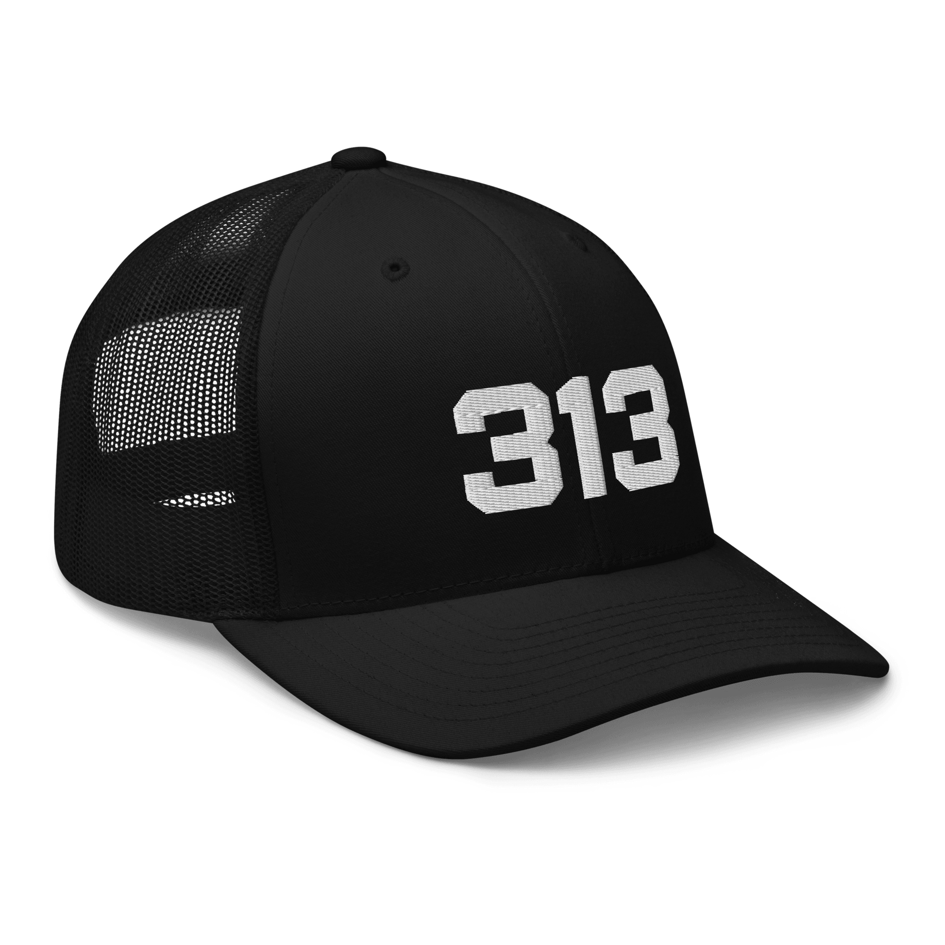 Detroit '313' Trucker Hat | White/Black Embroidery - Circumspice Michigan