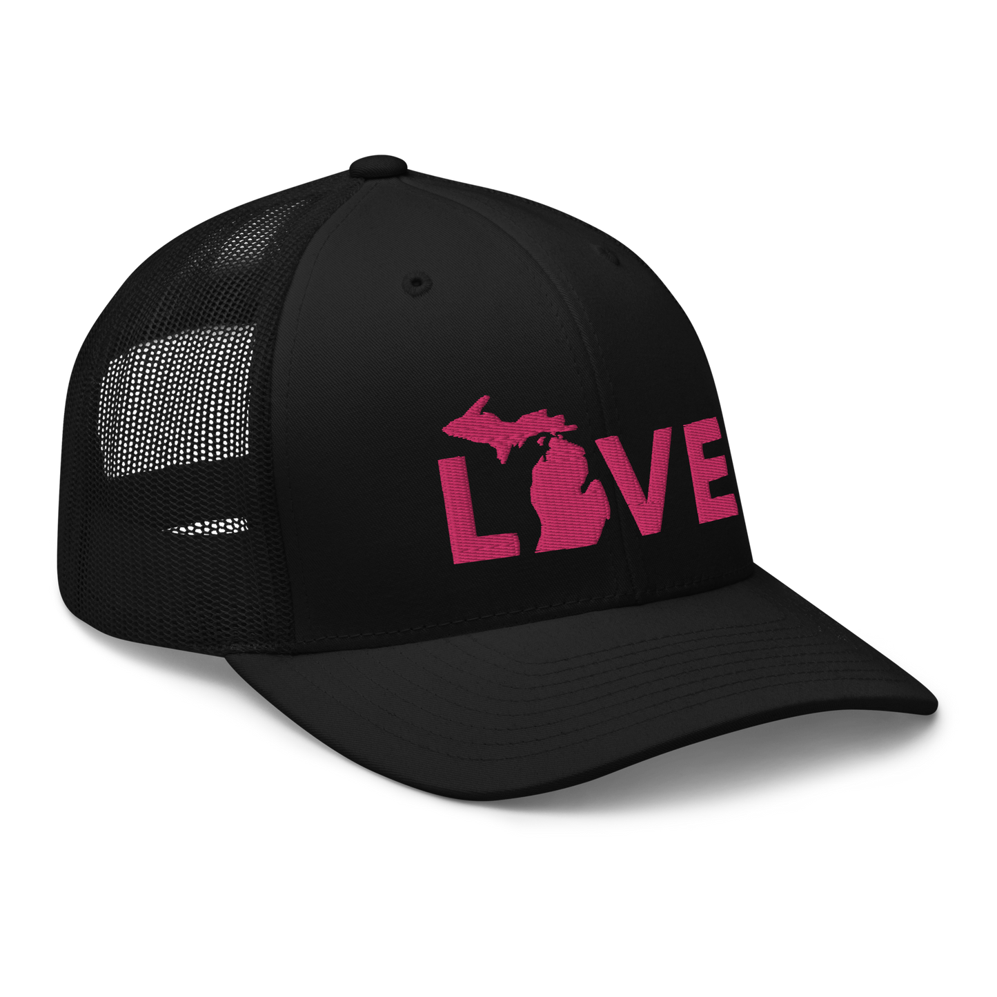 Michigan 'Love' Trucker Hat (Geometric Sans Font) | Pink Embrodiery