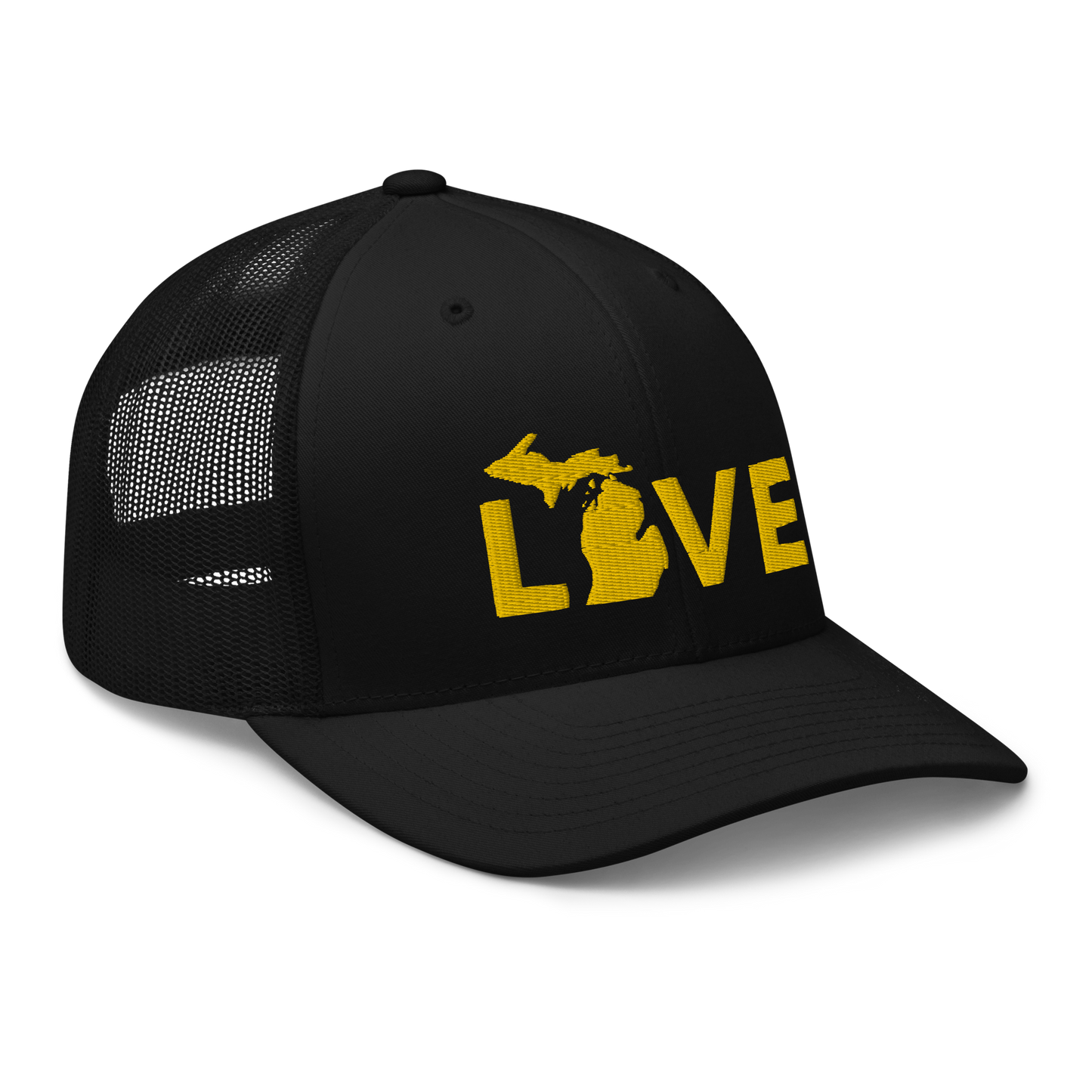 Michigan 'Love' Trucker Hat (Geometric Sans Font) | Gold Embroidery