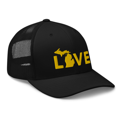 Michigan 'Love' Trucker Hat (Geometric Sans Font) | Gold Embroidery