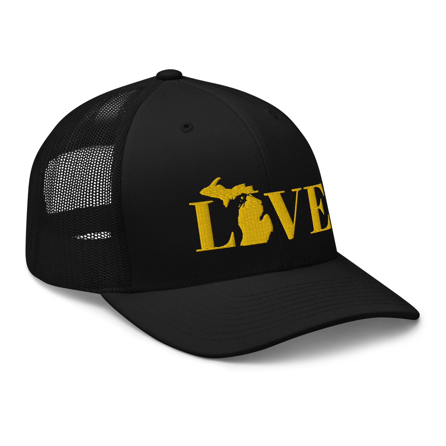 Michigan 'Love' Trucker Hat (Didone Font) | Gold Embroidery