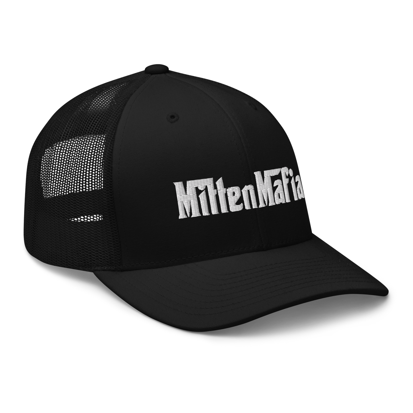 Michigan 'MittenMafia' Trucker Hat (Gangster Font) White/Black Embroidery