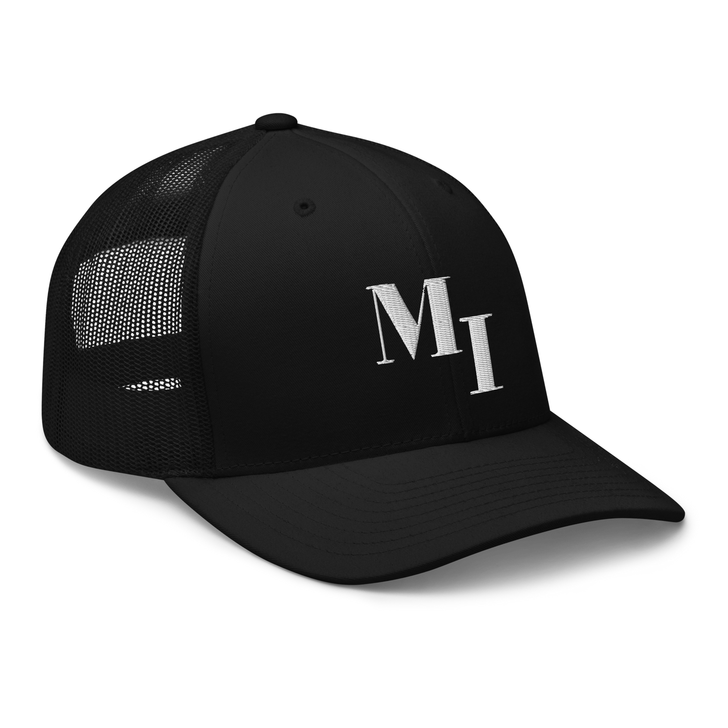 Michigan 'MI' Trucker Hat (Didone Logotype) | White/Navy Embroidery