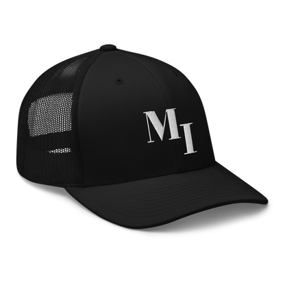 Michigan 'MI' Trucker Hat (Didone Logotype) | White/Navy Embroidery