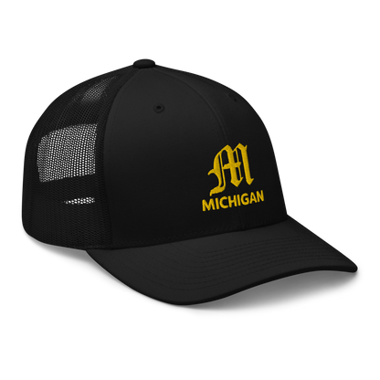 'Michigan' Trucker Hat (w/ 'Old English M') | Gold Embroidery