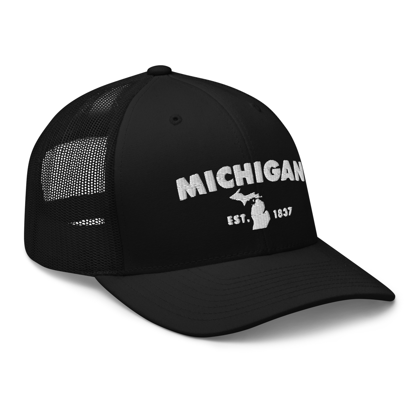 'Michigan EST 1837' Trucker Hat (Geometric Sans Font)