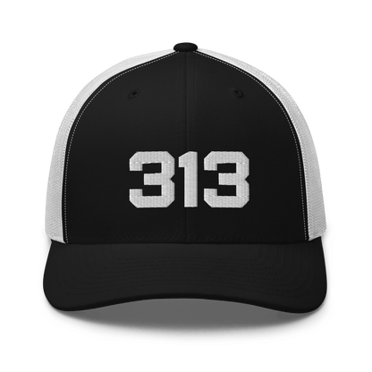 Detroit '313' Trucker Hat | White/Black Embroidery - Circumspice Michigan