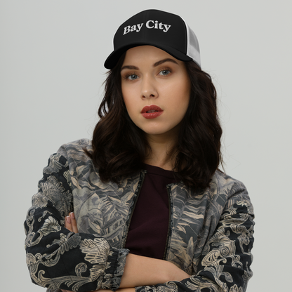 'Bay City' Trucker Hat | White/Black Embroidery