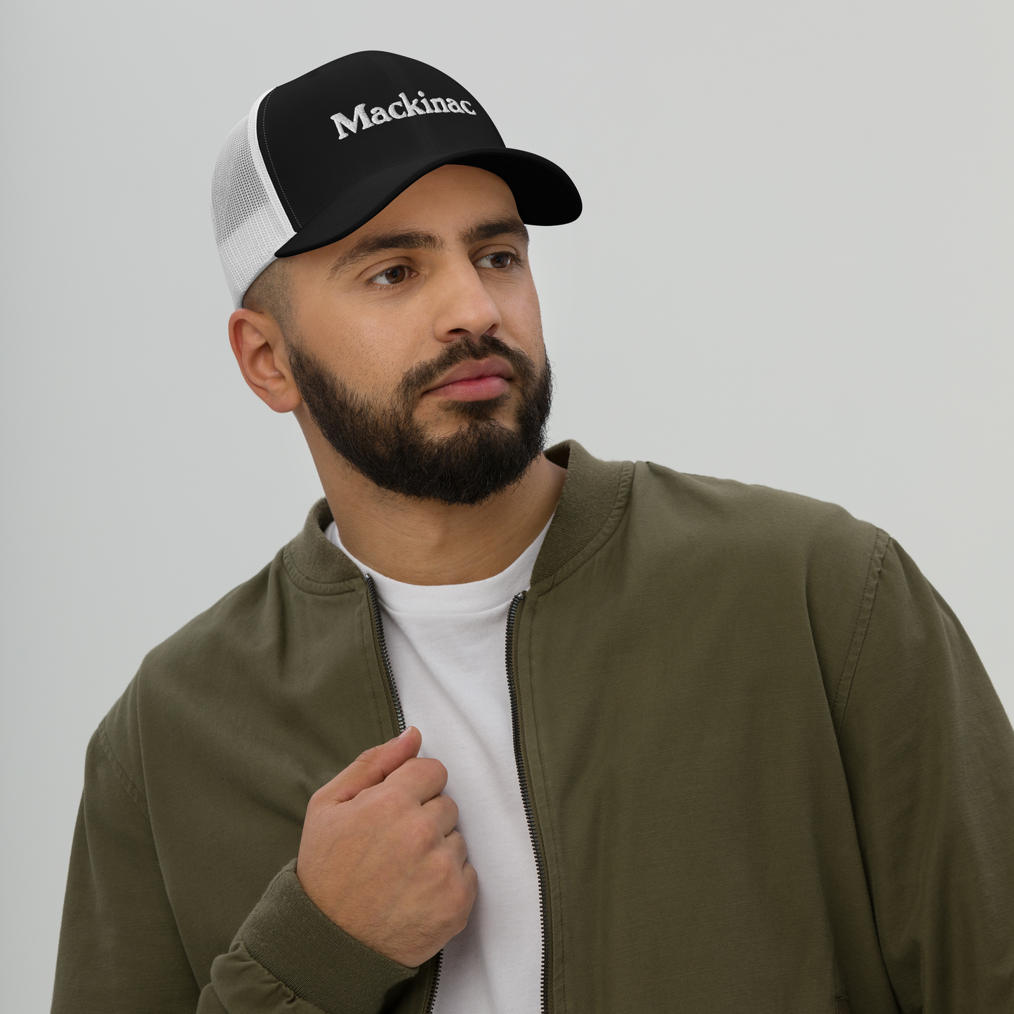 'Mackinac' Trucker Hat | White/Black Embroidery