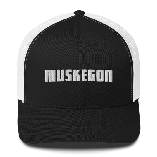 'Muskegon' Trucker Hat | White/Black Embroidery