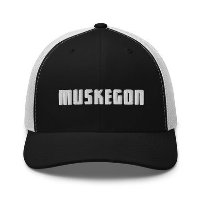 'Muskegon' Trucker Hat | White/Black Embroidery