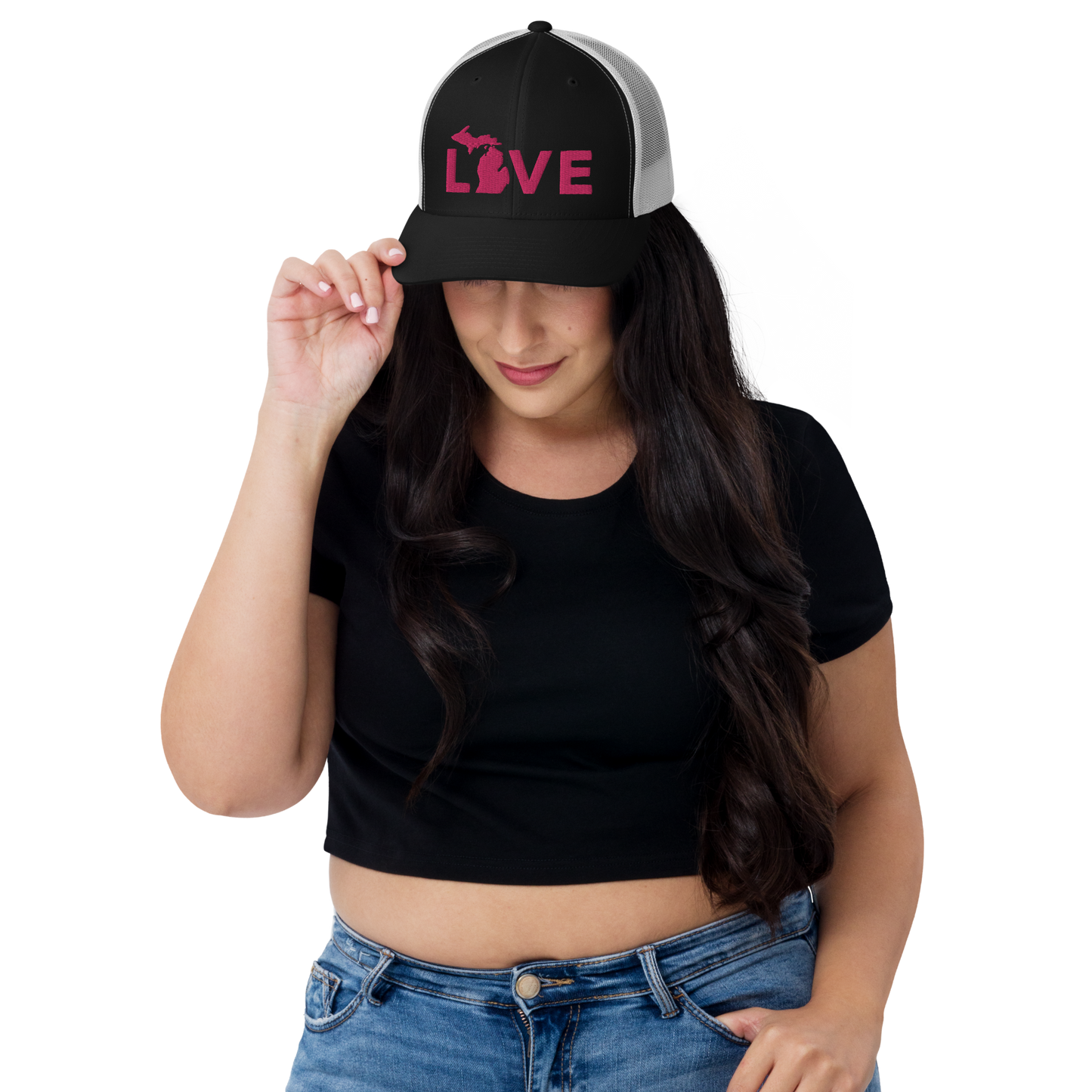 Michigan 'Love' Trucker Hat (Geometric Sans Font) | Pink Embrodiery