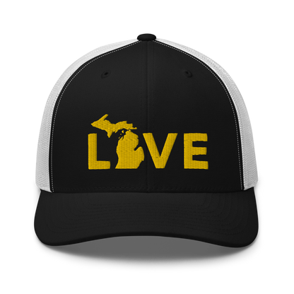 Michigan 'Love' Trucker Hat (Geometric Sans Font) | Gold Embroidery