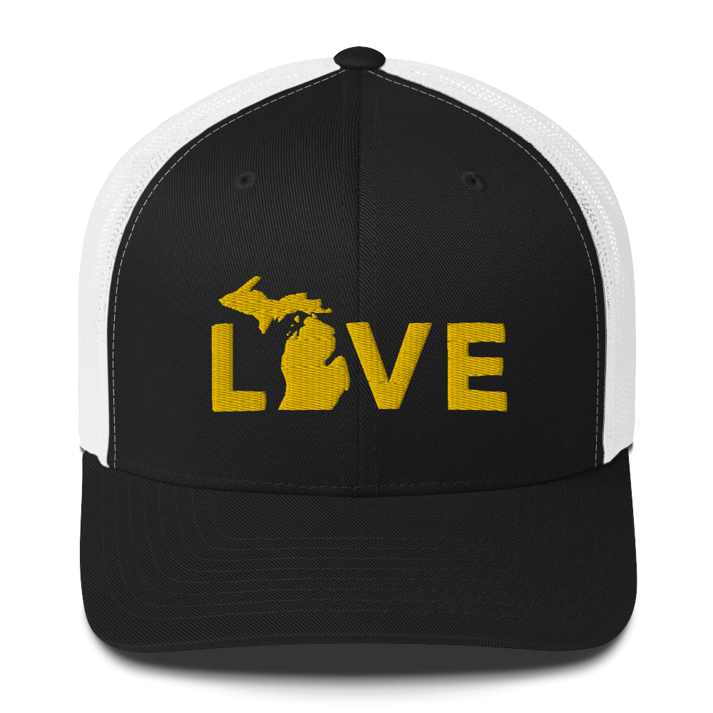 Michigan 'Love' Trucker Hat (Geometric Sans Font) | Gold Embroidery