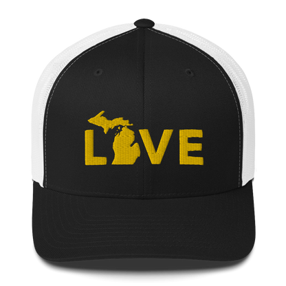 Michigan 'Love' Trucker Hat (Geometric Sans Font) | Gold Embroidery