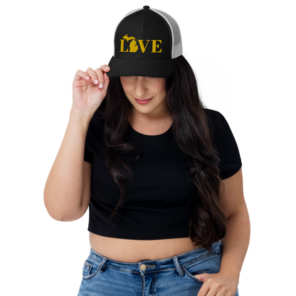 Michigan 'Love' Trucker Hat (Didone Font) | Gold Embroidery