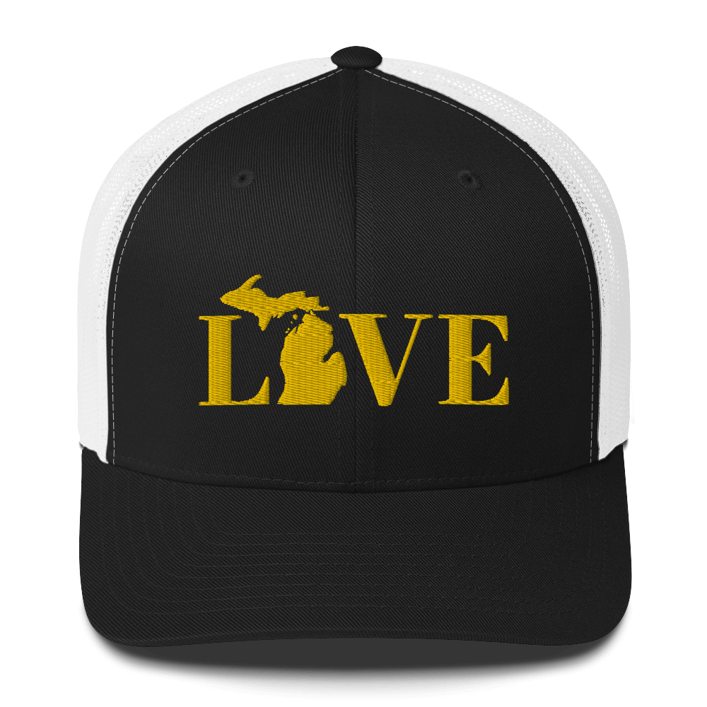 Michigan 'Love' Trucker Hat (Didone Font) | Gold Embroidery