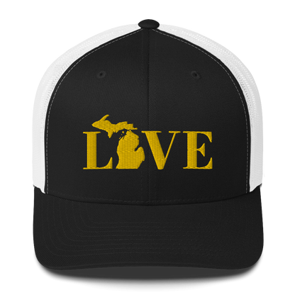 Michigan 'Love' Trucker Hat (Didone Font) | Gold Embroidery