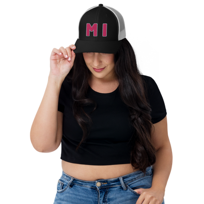 Michigan 'MI' Trucker Hat (1940s Baseball Font) | Pink Embroidery