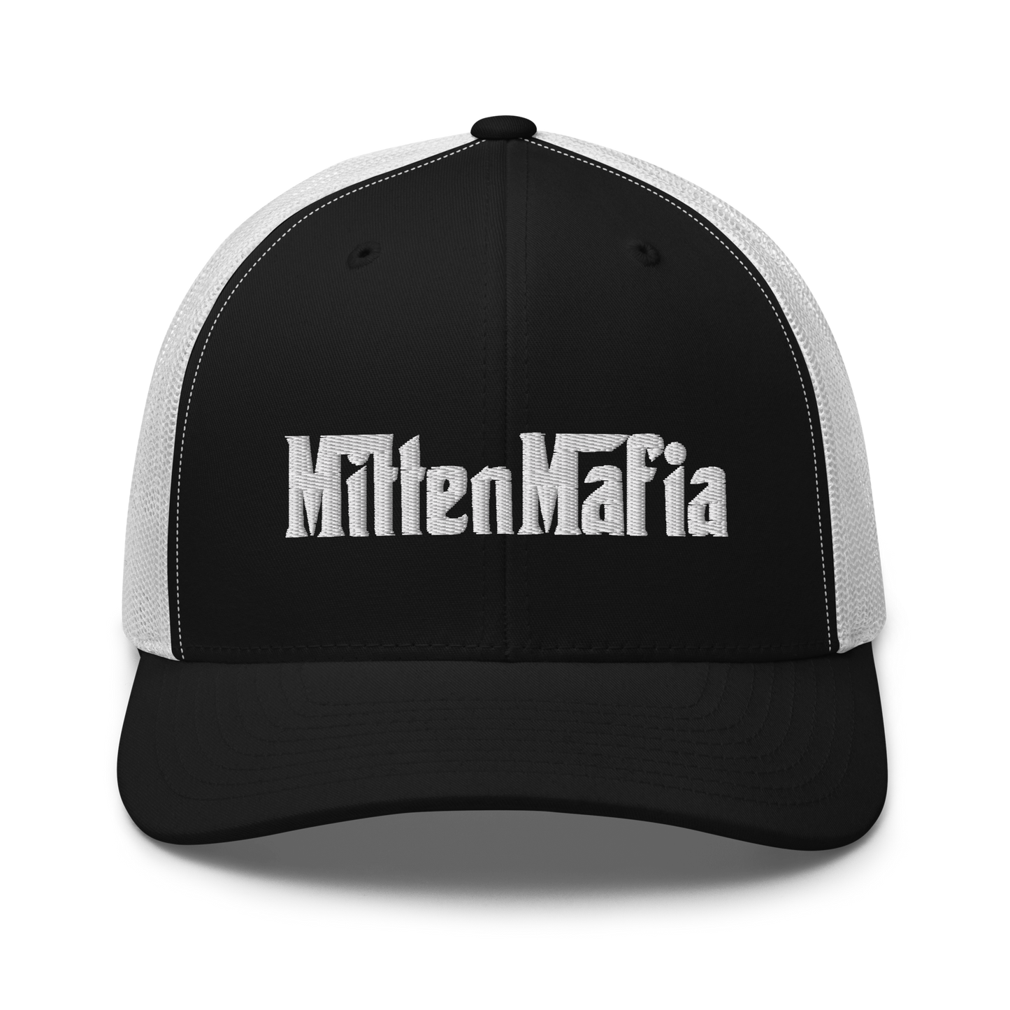 Michigan 'MittenMafia' Trucker Hat (Gangster Font) White/Black Embroidery