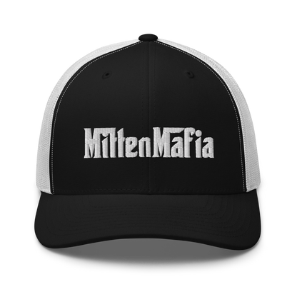 Michigan 'MittenMafia' Trucker Hat (Gangster Font) White/Black Embroidery