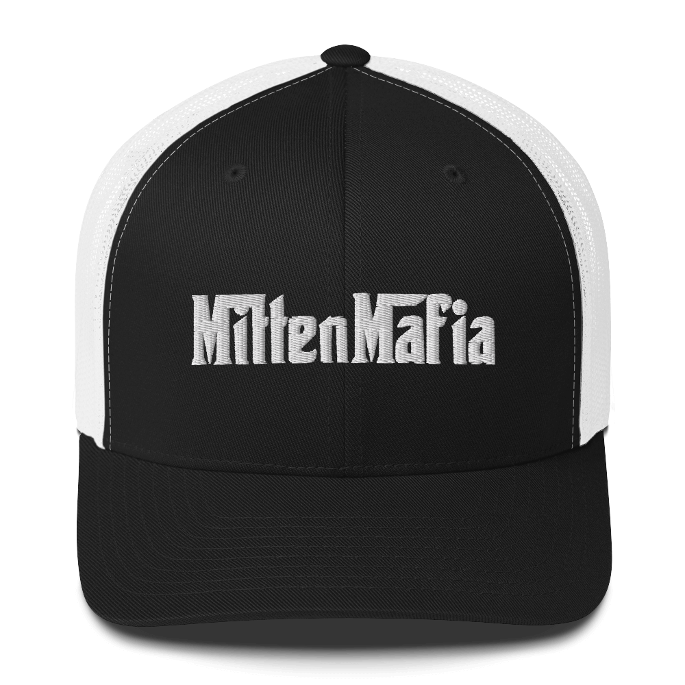 Michigan 'MittenMafia' Trucker Hat (Gangster Font) White/Black Embroidery