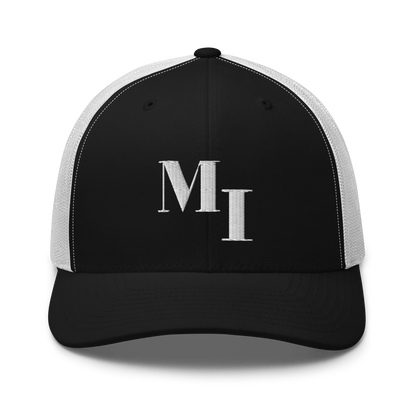 Michigan 'MI' Trucker Hat (Didone Logotype) | White/Navy Embroidery