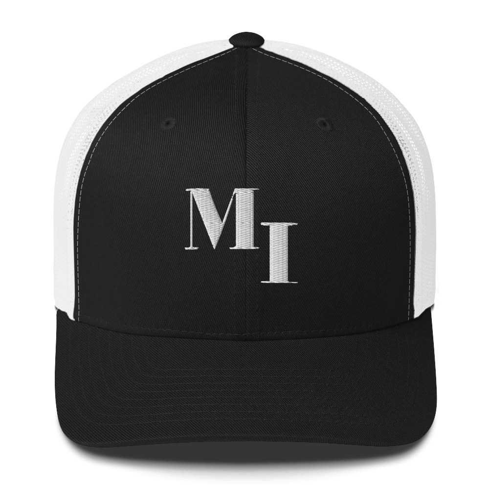 Michigan 'MI' Trucker Hat (Didone Logotype) | White/Navy Embroidery