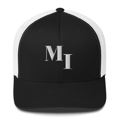 Michigan 'MI' Trucker Hat (Didone Logotype) | White/Navy Embroidery