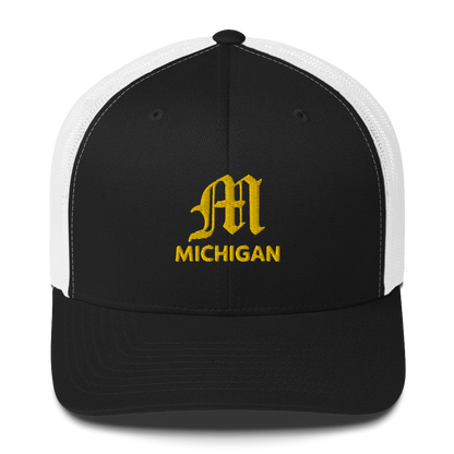 'Michigan' Trucker Hat (w/ 'Old English M') | Gold Embroidery