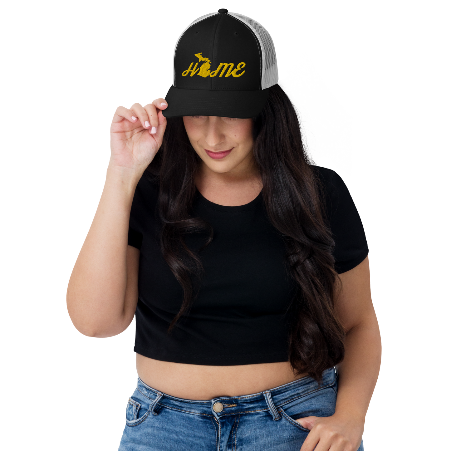 Michigan 'Home' Trucker Hat (Script Font) | Gold Embroidery