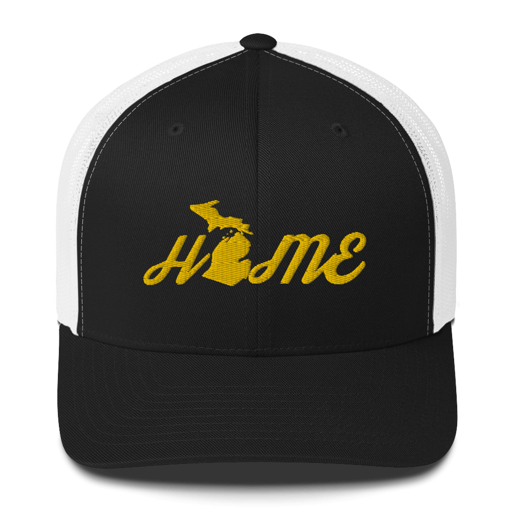 Michigan 'Home' Trucker Hat (Script Font) | Gold Embroidery