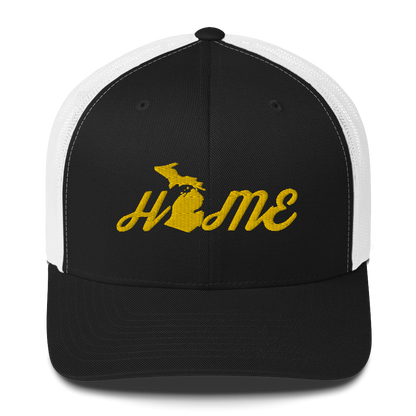 Michigan 'Home' Trucker Hat (Script Font) | Gold Embroidery