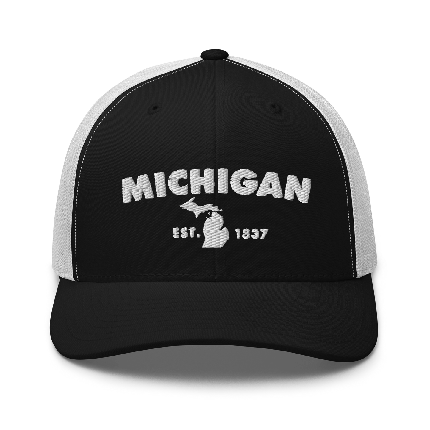 'Michigan EST 1837' Trucker Hat (Geometric Sans Font)