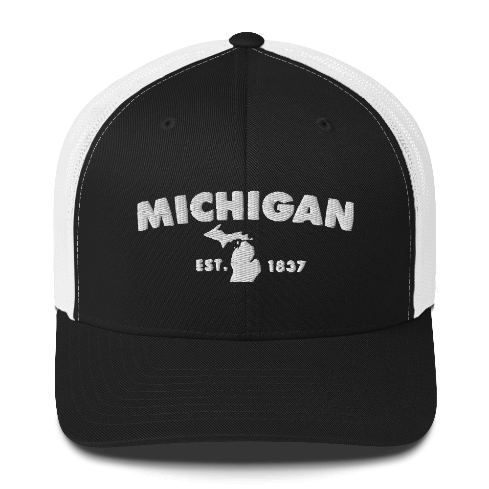 'Michigan EST 1837' Trucker Hat (Geometric Sans Font)