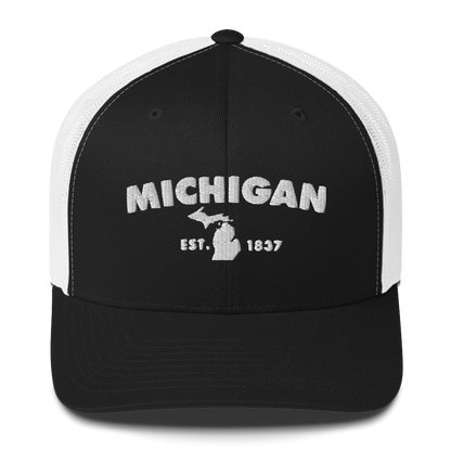 'Michigan EST 1837' Trucker Hat (Geometric Sans Font)