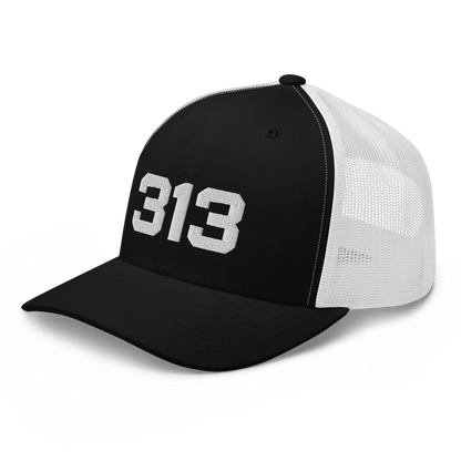 Detroit '313' Trucker Hat | White/Black Embroidery - Circumspice Michigan