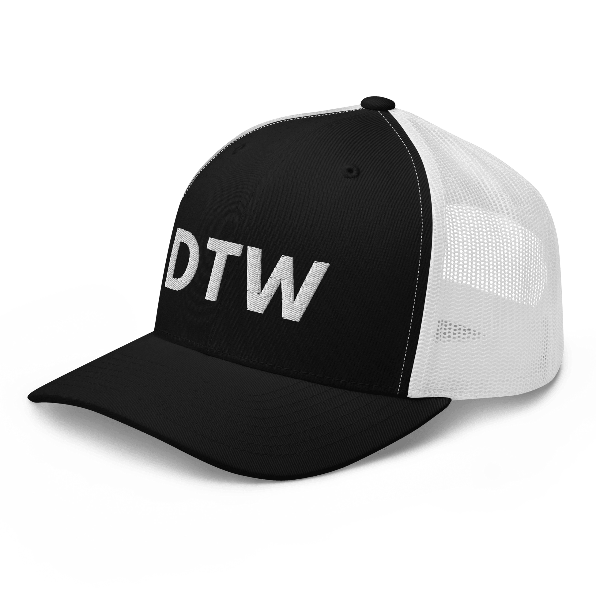 Detroit 'DTW' Trucker Hat | White/Black Embroidery - Circumspice Michigan