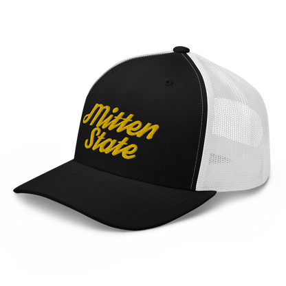 Michigan 'Mitten State' Trucker Hat (Script Font) | Gold Embroidery