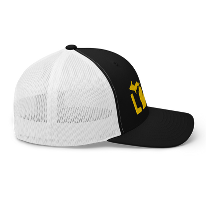 Michigan 'Love' Trucker Hat (Geometric Sans Font) | Gold Embroidery