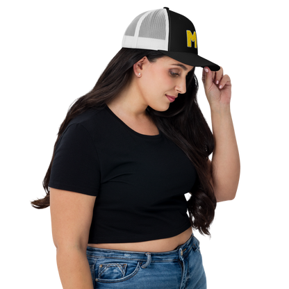 Michigan 'MI' Trucker Hat (1940s Baseball Font) | Gold Embroidery