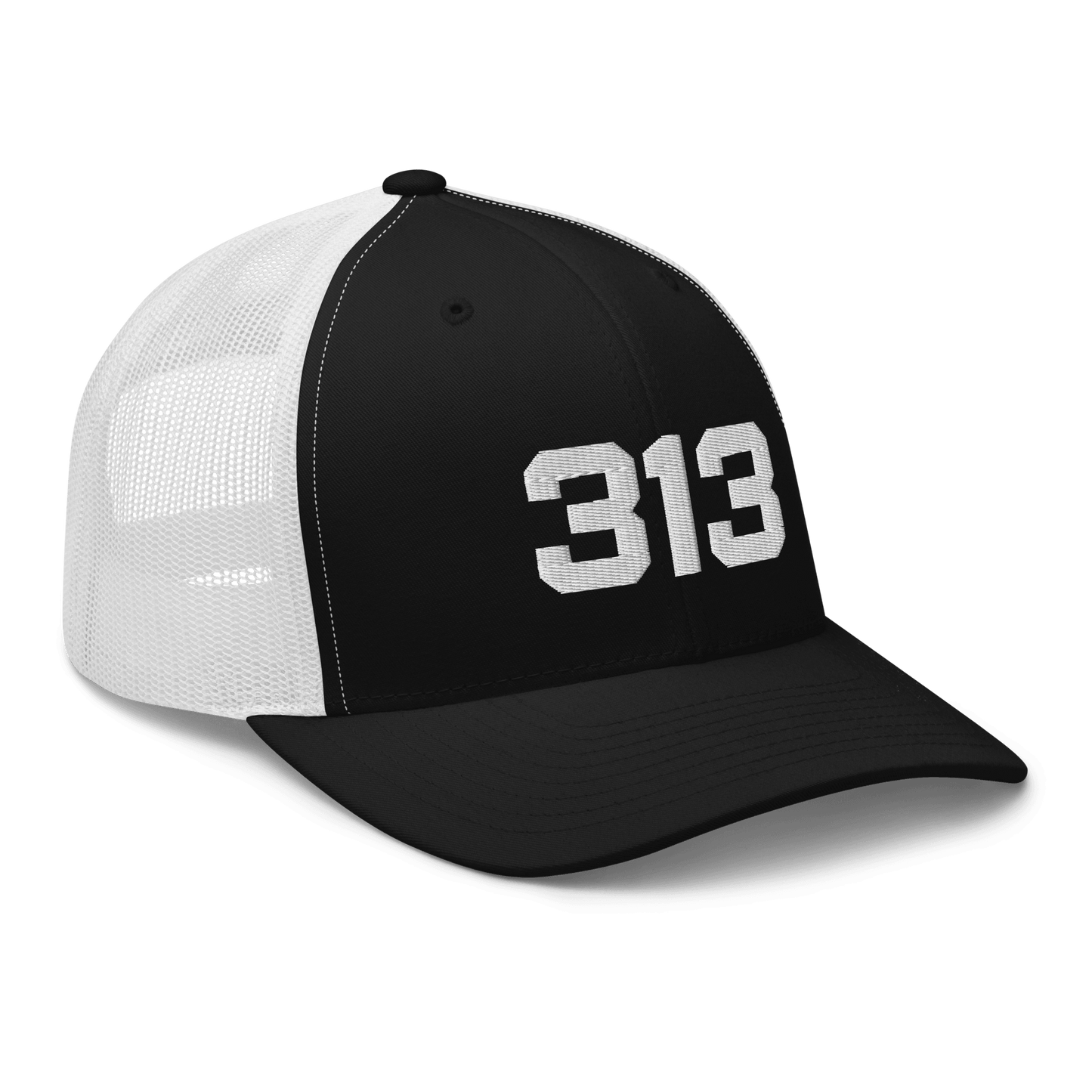 Detroit '313' Trucker Hat | White/Black Embroidery - Circumspice Michigan